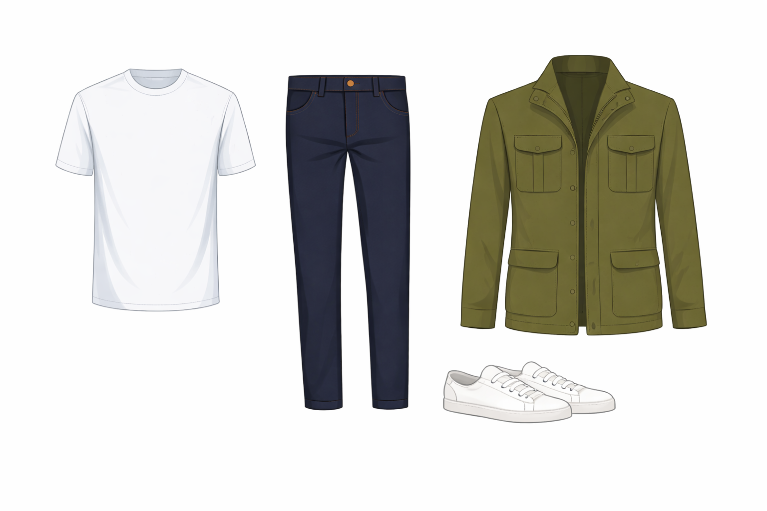 Vector white tee dark jeans white sneakers olive jacket - weekend family brunch India
