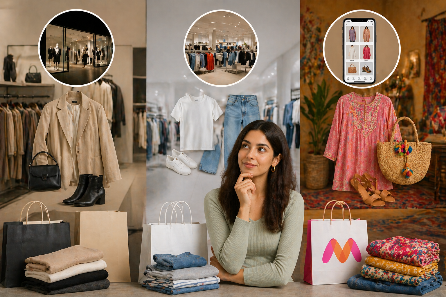 Woman comparing three fashion styles with outfits representing premium fashion, minimalist basics, and colorful ethnic trends alongside shopping bags and clothing