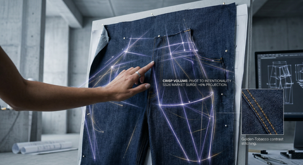Close-up of a hand with a simple silver ring (recurring from previous images) interacting with a raw indigo Brut Denim prototype panel in a concrete studio setting. Glowing white and pale gold blueprint overlays and vector diagrams emanate from the hand, visualizing the 'engineered construction' and 'design engineering' of the SS26 trend. Subtle text tags for 'CRISP VOLUME' and 'SS26 MARKET SURGE: +6%' are visible within the glowing lines.