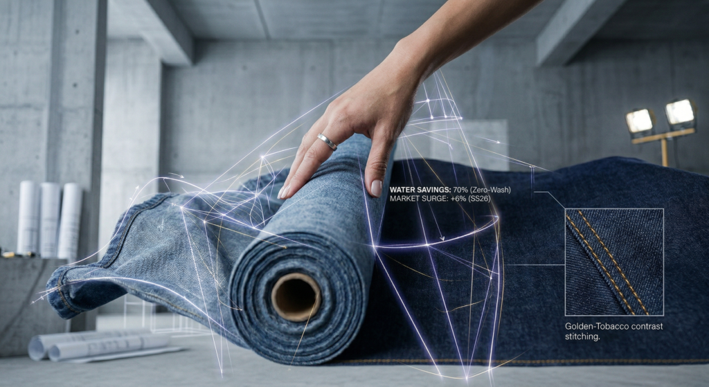 Close-up of a hand with a silver ring resting intentionally on a rolled bolt of unwashed, raw indigo Brut denim fabric, illustrating the material foundation of the Architectural Denim trend.