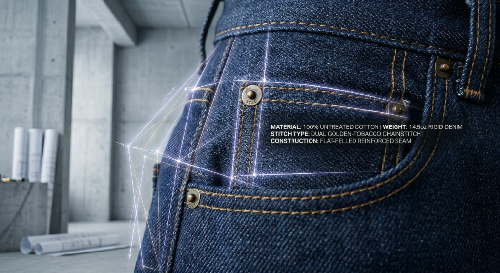 An intense macro photograph focusing on the pocket corner of rigid raw Brut Denim jeans, featuring a glowing blue holographic blueprint interface overlay that details the technical specifications. The overlaid text explicitly lists: MATERIAL: 100% UNTREATED COTTON | WEIGHT: 14.5oz RIGID DENIM STITCH TYPE: DUAL GOLDEN-TOBACCO CHAINSTITCH | CONSTRUCTION: FLAT-FELLED REINFORCED SEAM. The blurred background shows rolled blueprints in a concrete studio setting.
