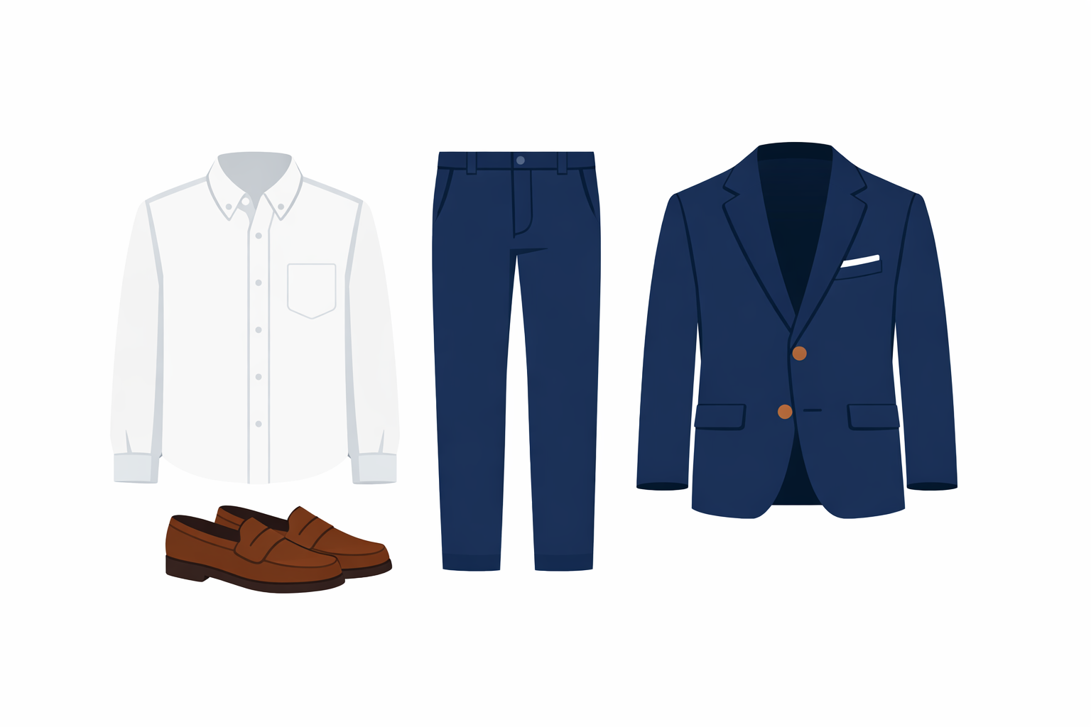 Vector illustration of Indian man in white Oxford shirt, navy chinos, brown leather loafers and navy blazer - professional office look