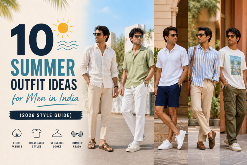 Five men wearing stylish summer outfits including linen shirts, polos, shorts, and casual trousers in a warm outdoor setting, representing modern men’s fashion in India.