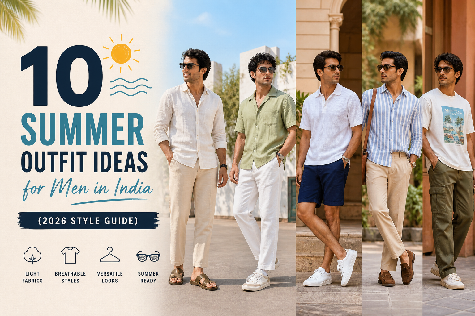 Five men wearing stylish summer outfits including linen shirts, polos, shorts, and casual trousers in a warm outdoor setting, representing modern men’s fashion in India.