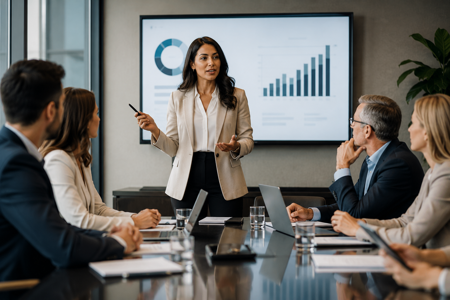 Decoding Business Casual with stylish professional outfits in a boardroom