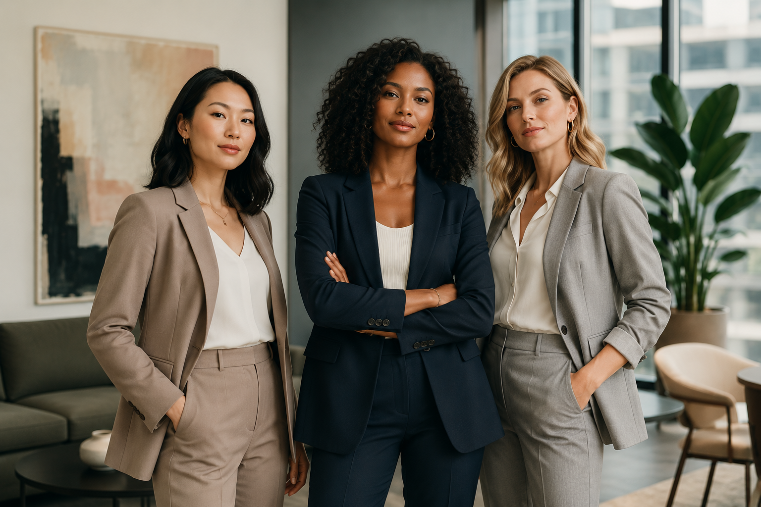 Evolution of Business Casual showing confident women in modern tailored suits