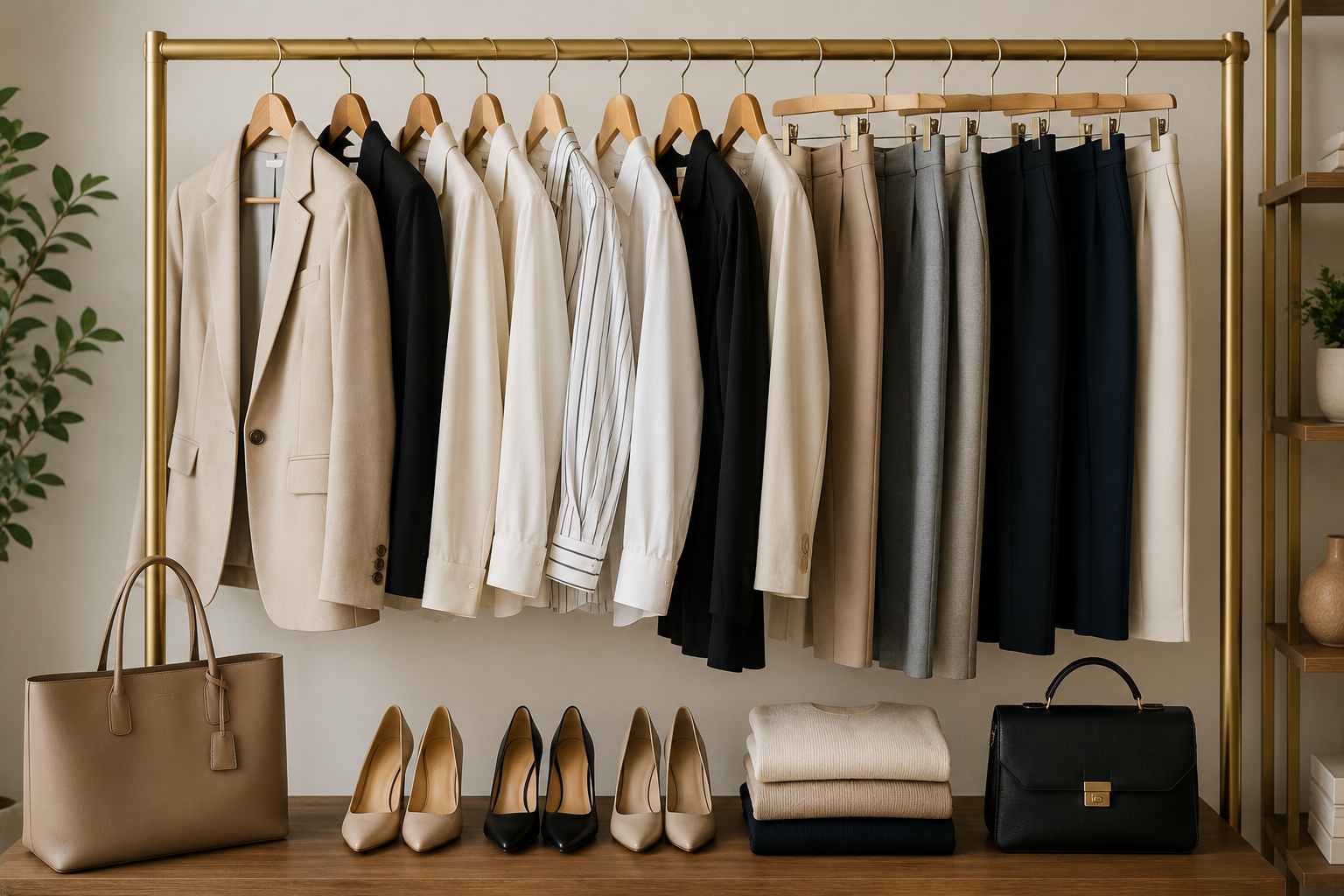 Building a Business Casual wardrobe with essential women's workwear hanging on a rack
