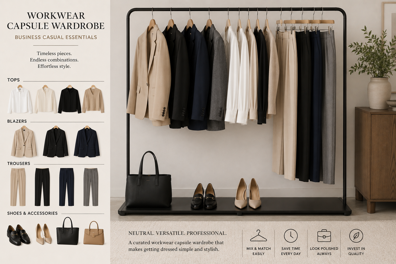 workwear capsule wardrobe - business casual essentials like blazers and trousers