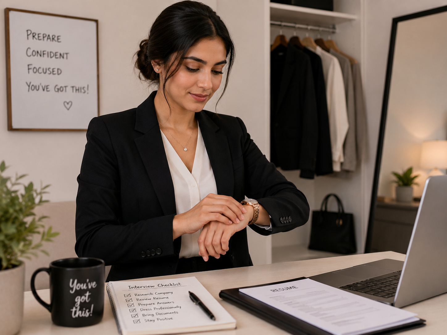 Woman preparing for a Job Interview in a modern professional outfit