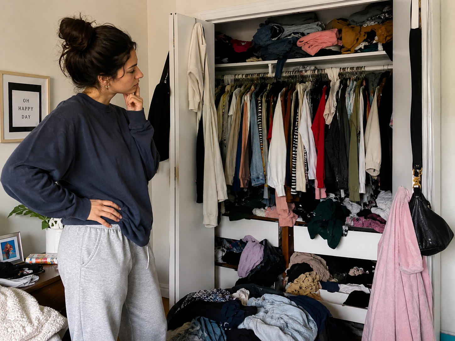 Declutter your closet - woman looking at a messy wardrobe