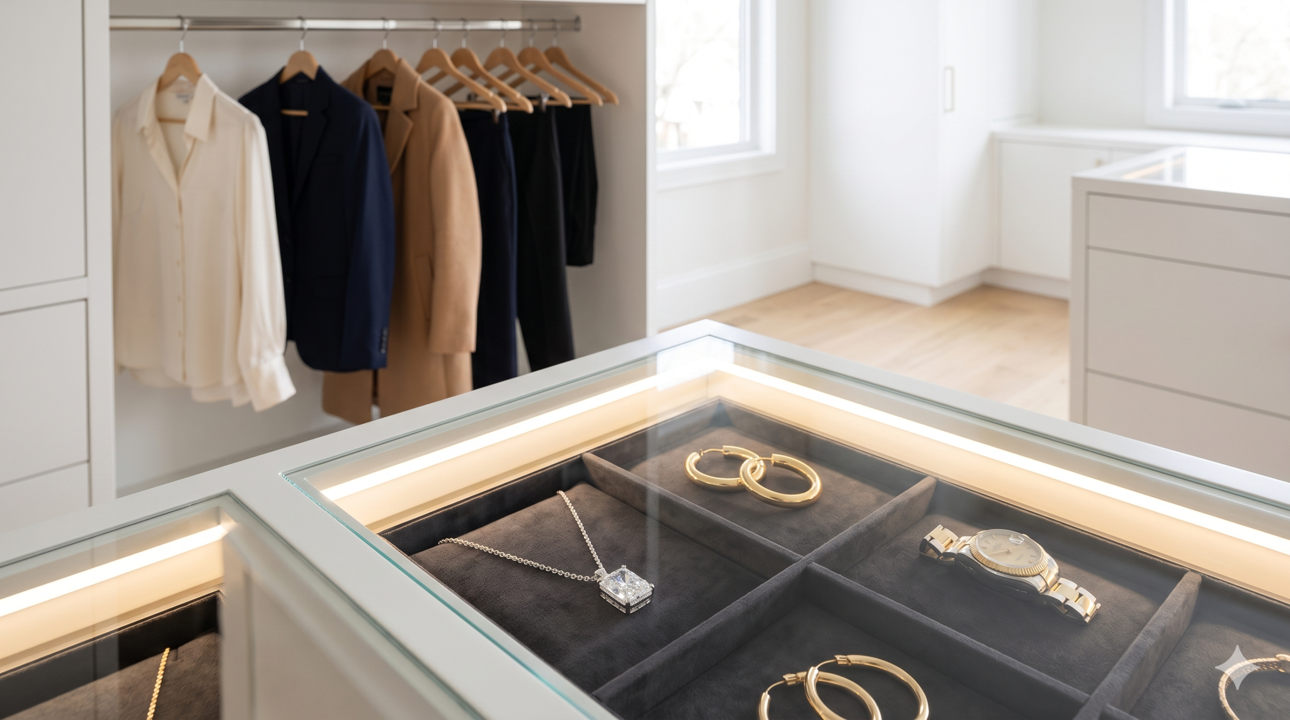 A brightly lit Jewelry-First Closet Layout featuring a glass-top island display with yellow gold hoop earrings and a radiant-cut diamond pendant on dark velvet, with minimalist neutral clothing hanging in the background.