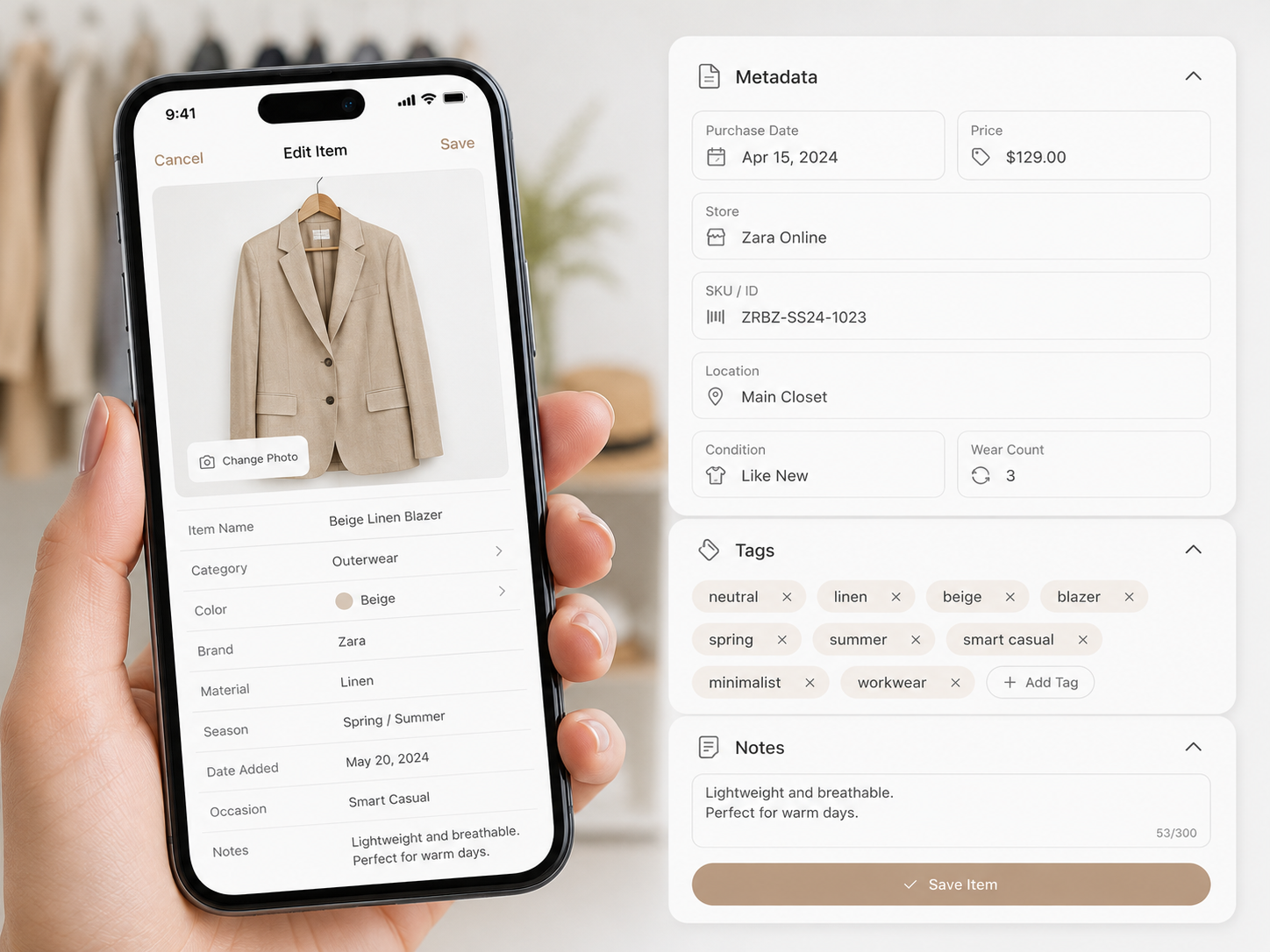 Digital closet organizer - inputting metadata and tags into a smartphone wardrobe app