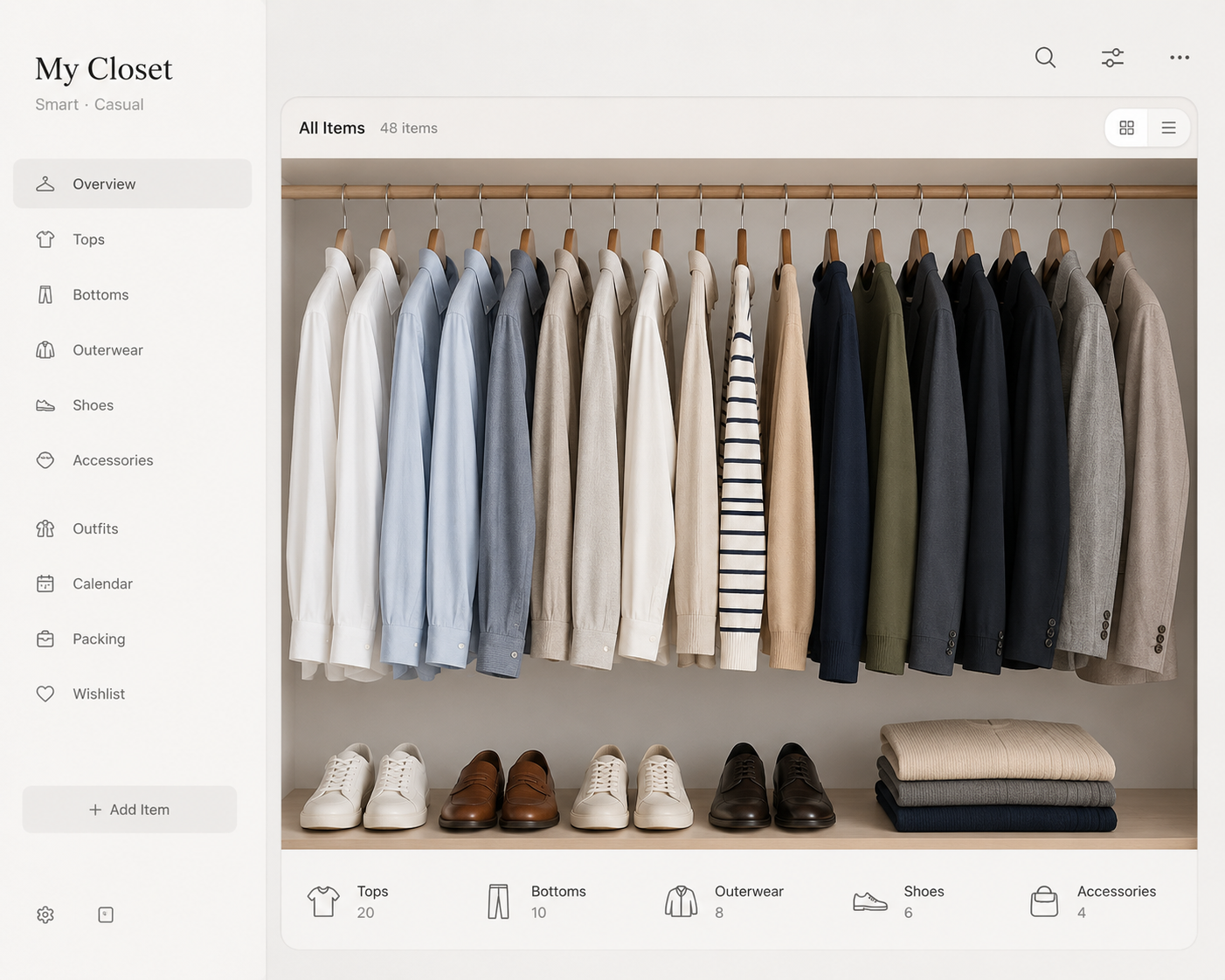 Digital closet organizer - minimalist smart-casual clothing hanging neatly on a rack
