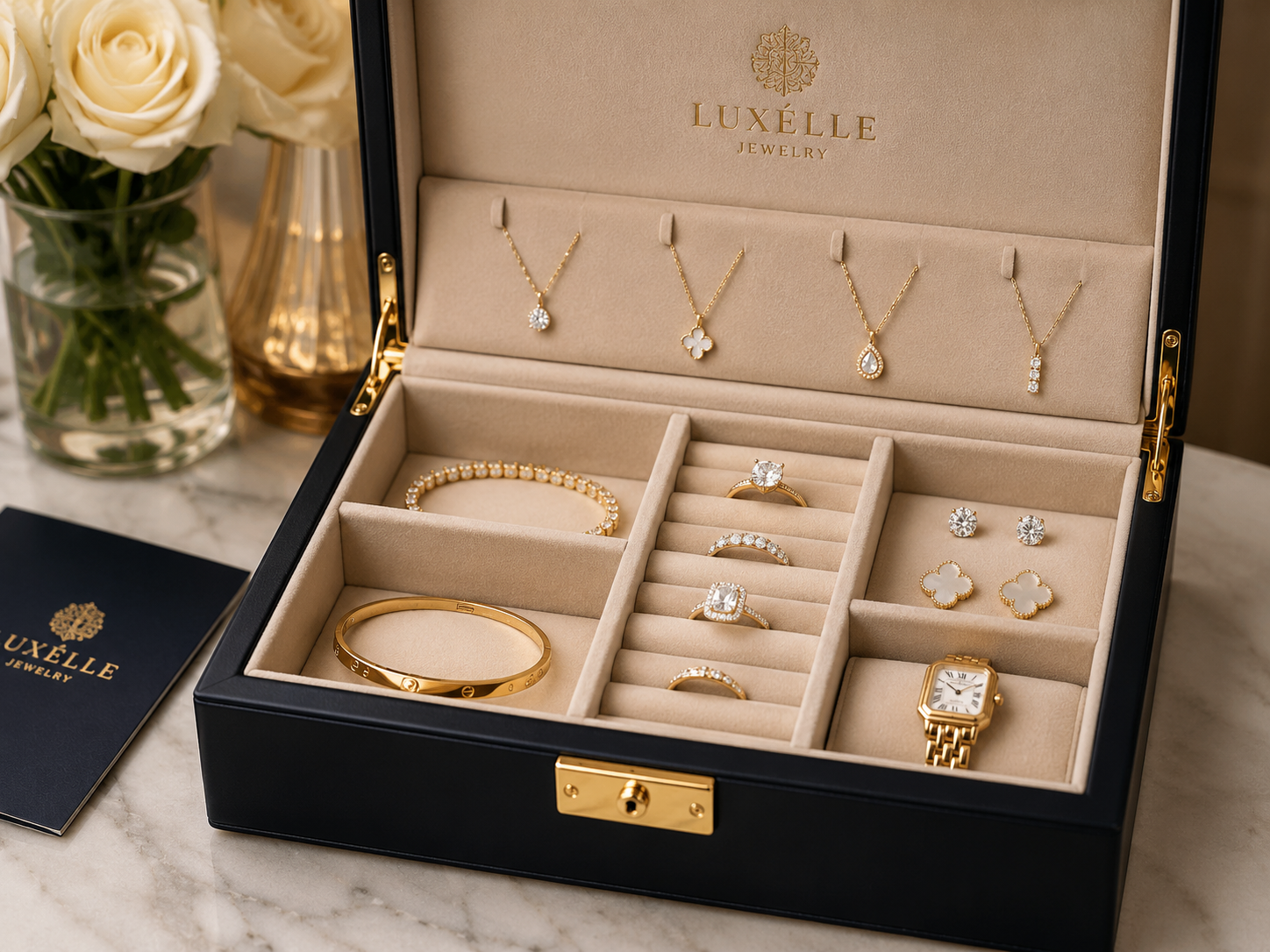 Jewelry-First Closet Layout - elegant yellow gold and diamond jewelry styling