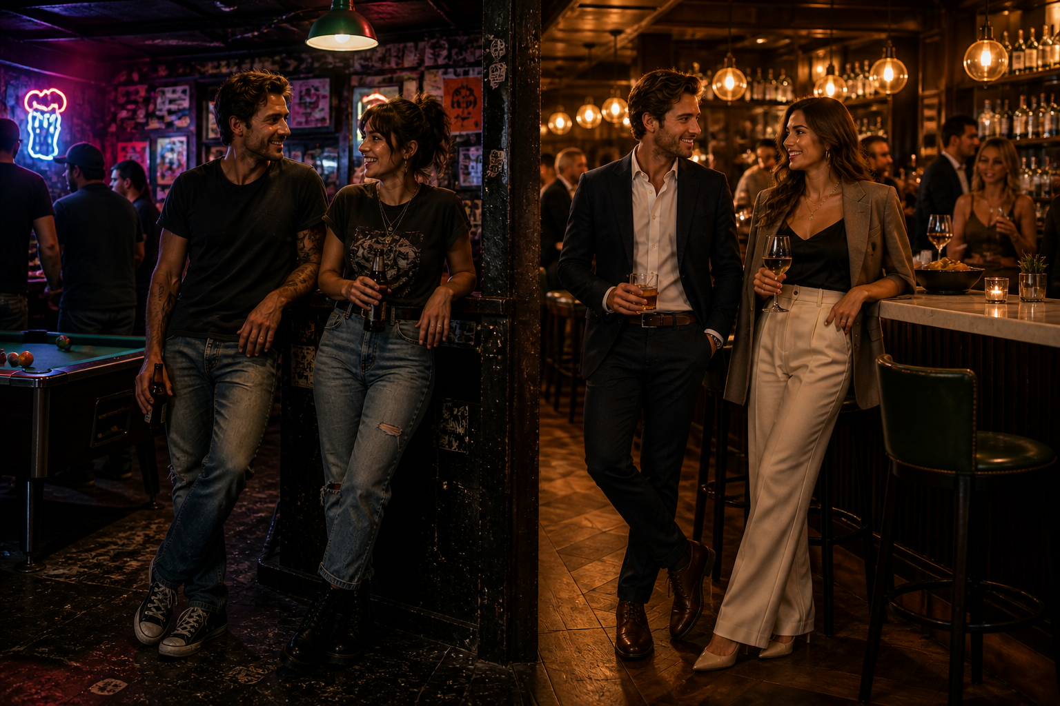 Split-scene image showing both a man and a woman in casual outfits inside a neon-lit dive bar on one side, and the same pair in smart, polished attire inside a warm, upscale gastropub on the other.