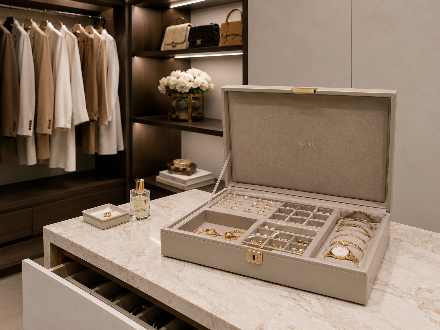 Jewelry-First Closet Layout - beautifully organized luxury jewelry box in a modern minimalist closet