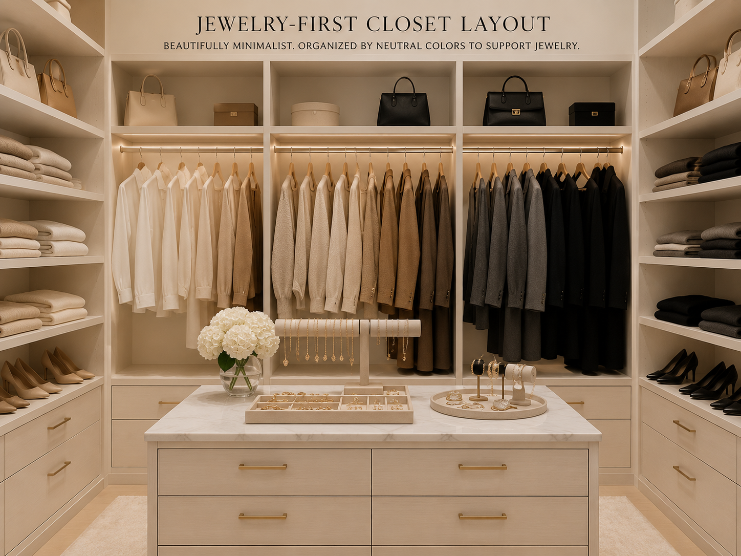 Jewelry-First Closet Layout - beautifully minimalist clothing organized by neutral colors to support jewelry
