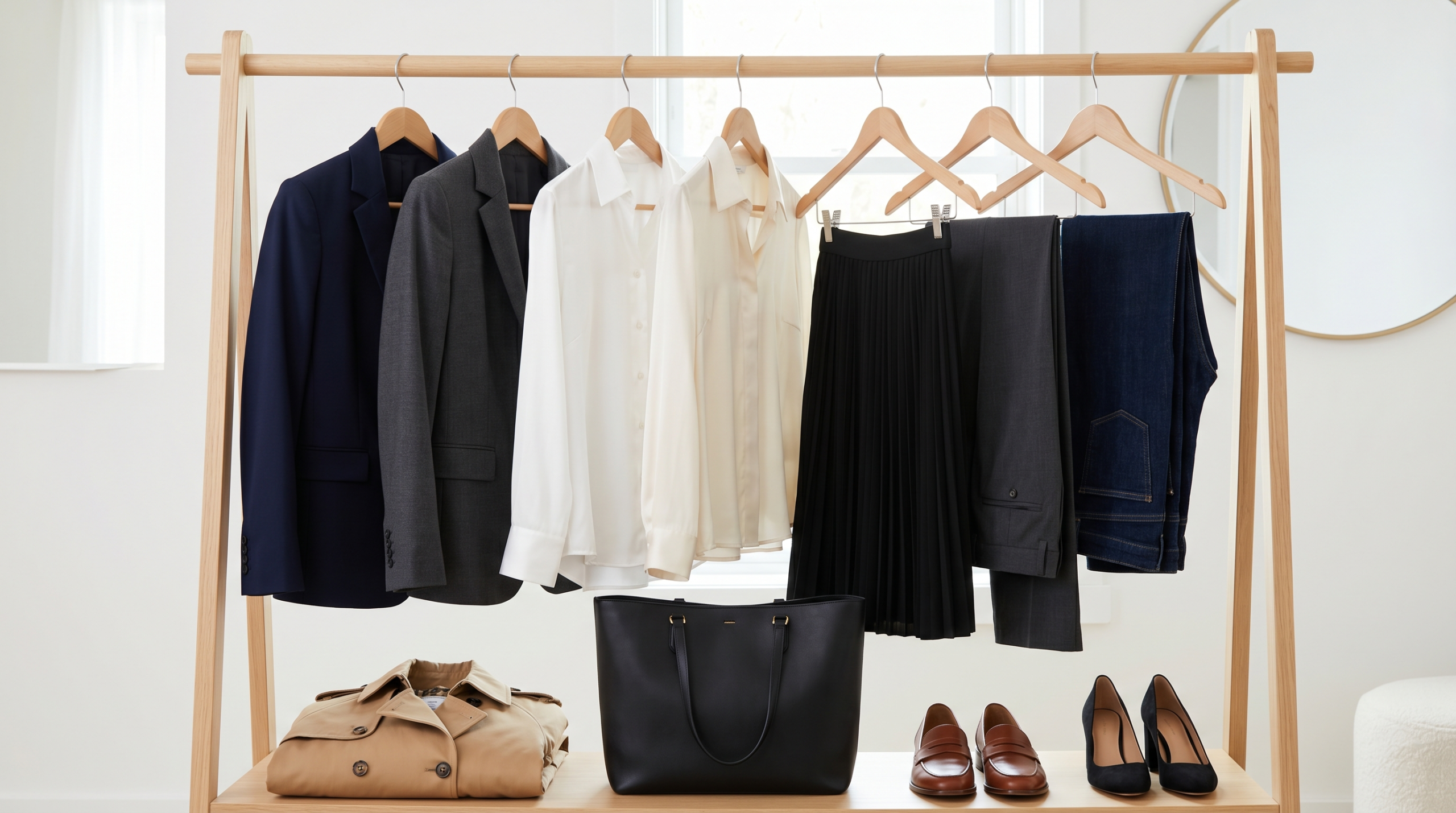 A curated workwear capsule wardrobe displayed on a wooden clothing rack, featuring neutral blazers, crisp white blouses, tailored trousers, a pleated skirt, alongside a trench coat, leather tote bag, loafers, and block heels.