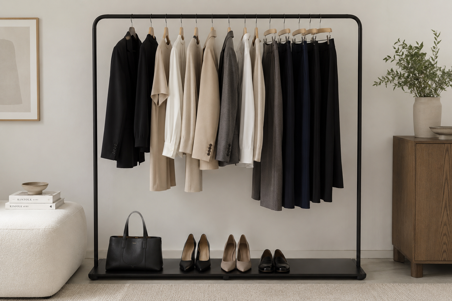 workwear capsule wardrobe - minimalist clothing rack with neutral office clothes