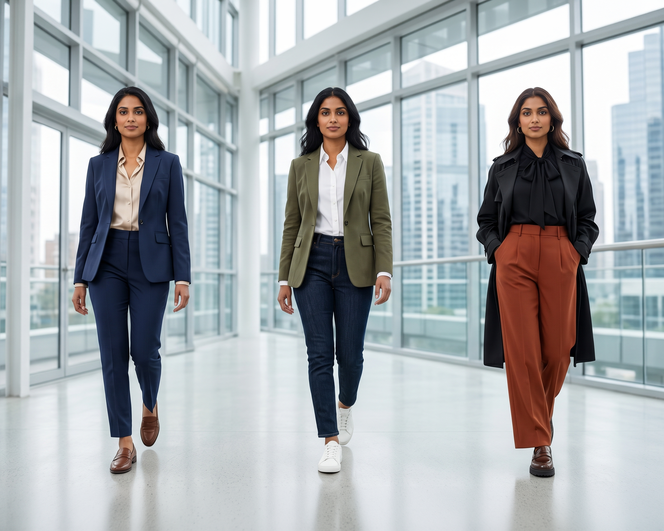 Three women wearing professional and smart casual outfits for a job interview in a modern office building.