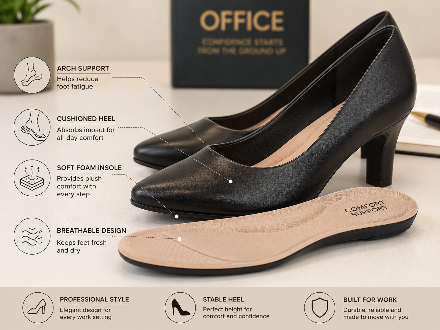 Office Shoes for women - Close up of supportive insoles and professional heels