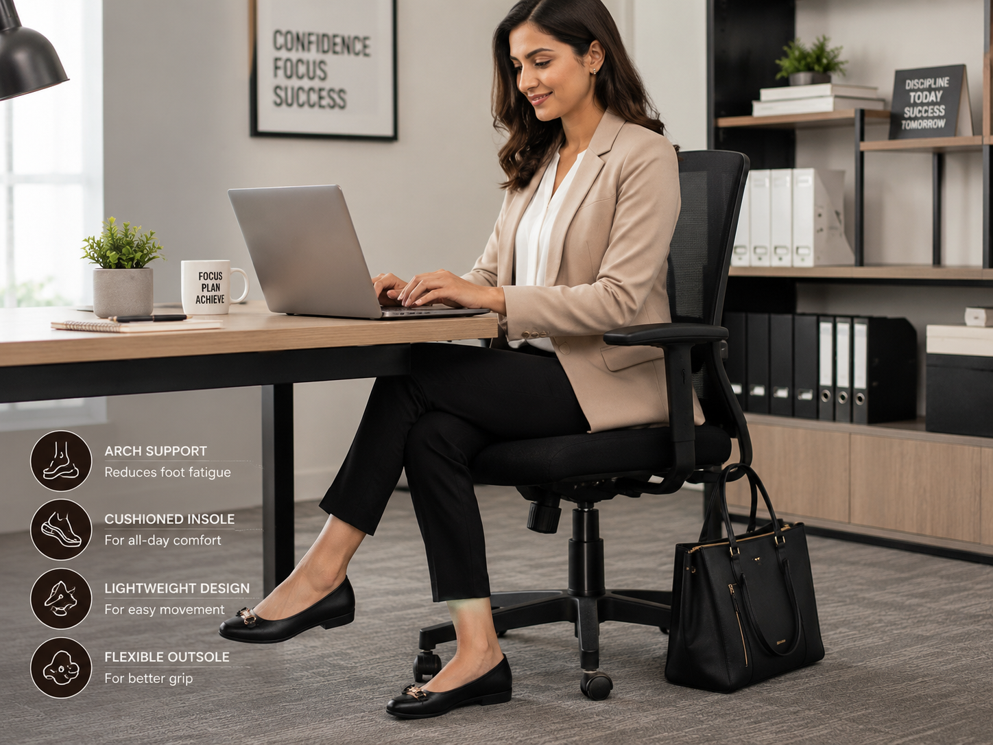 Office Shoes for women - Woman wearing stylish, supportive flats at work
