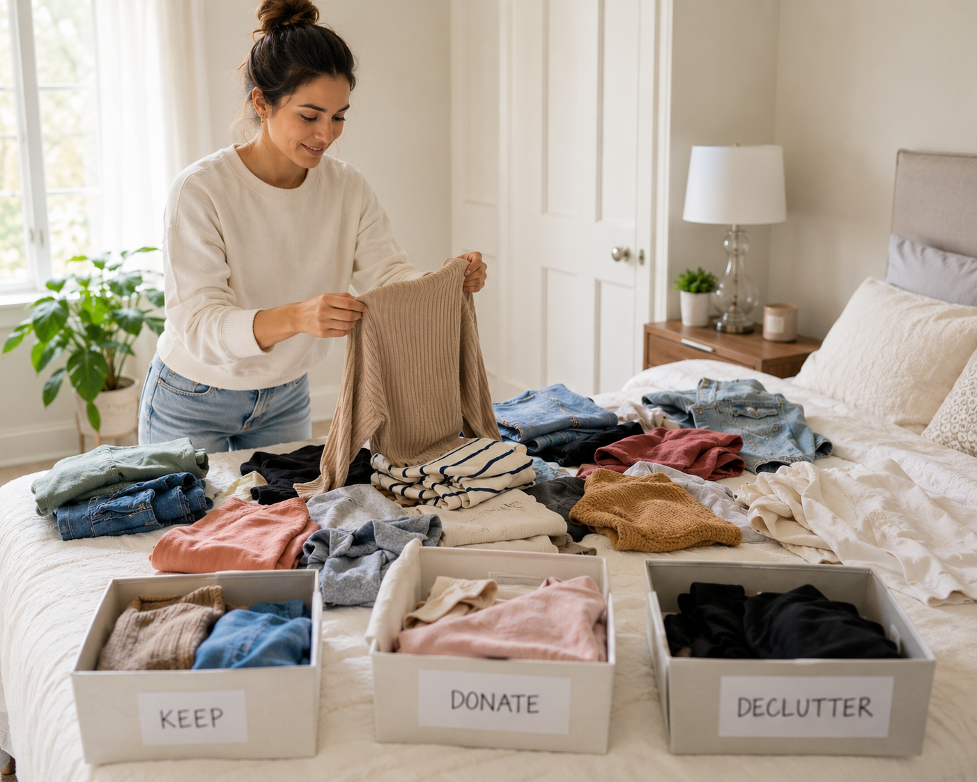 Seasonal Closet Transition Checklist - clothing laid out on a bed for sorting and decluttering
