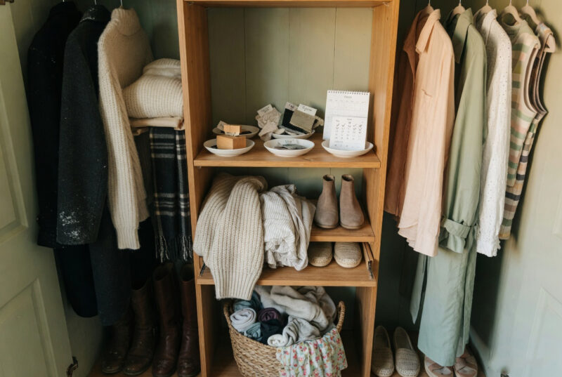 Organized Seasonal Closet featuring folded sweaters, hanging clothes, boots, and neatly arranged wardrobe essentials.