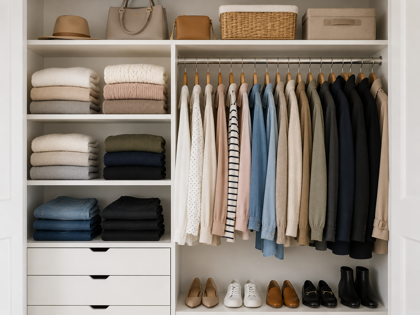 Seasonal Closet Transition Checklist - organized wardrobe with folded sweaters and hung clothes