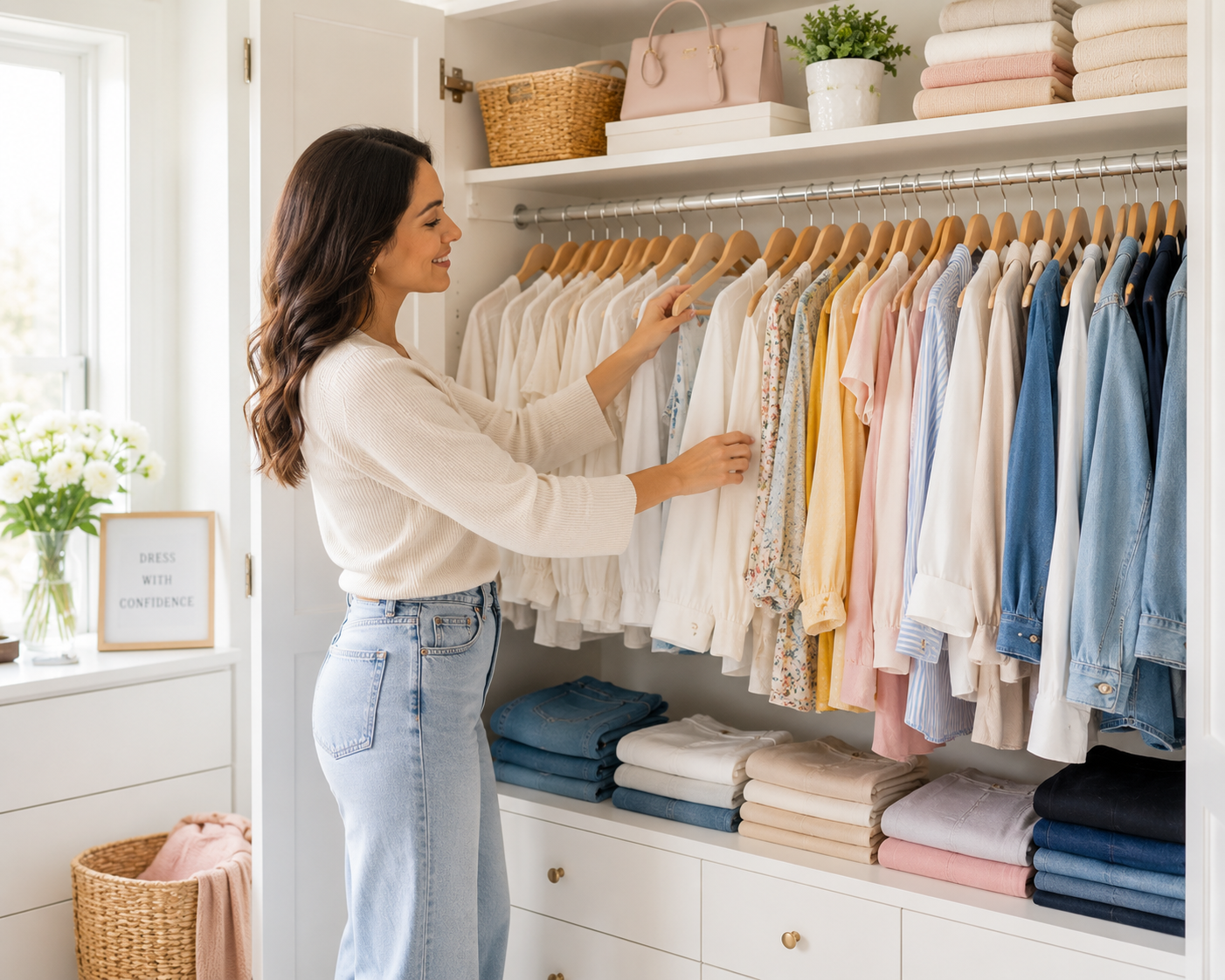 Seasonal Closet - woman happily organizing her bright and airy wardrobe