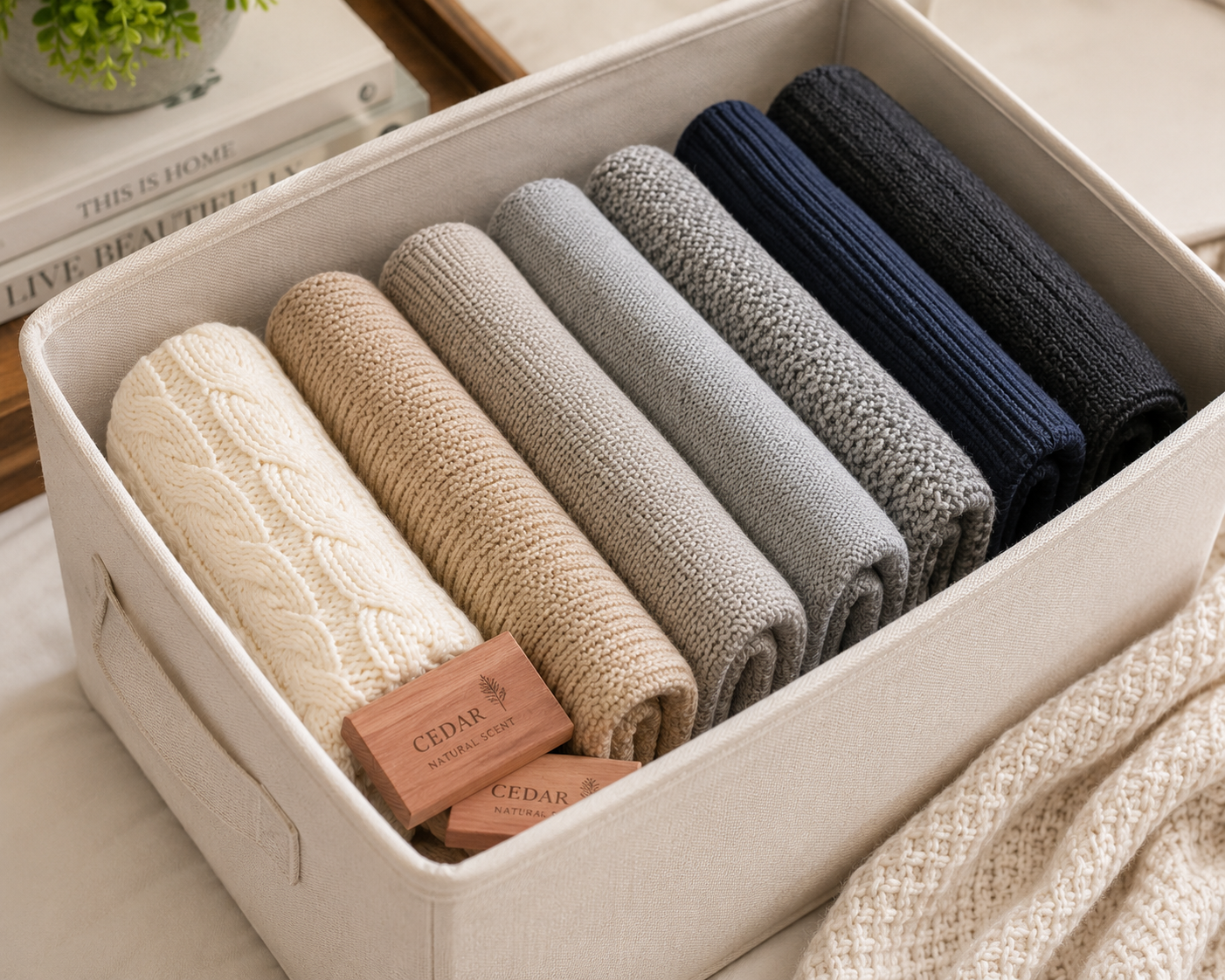Seasonal Closet - perfectly folded sweaters inside a clean storage bin with cedar blocks