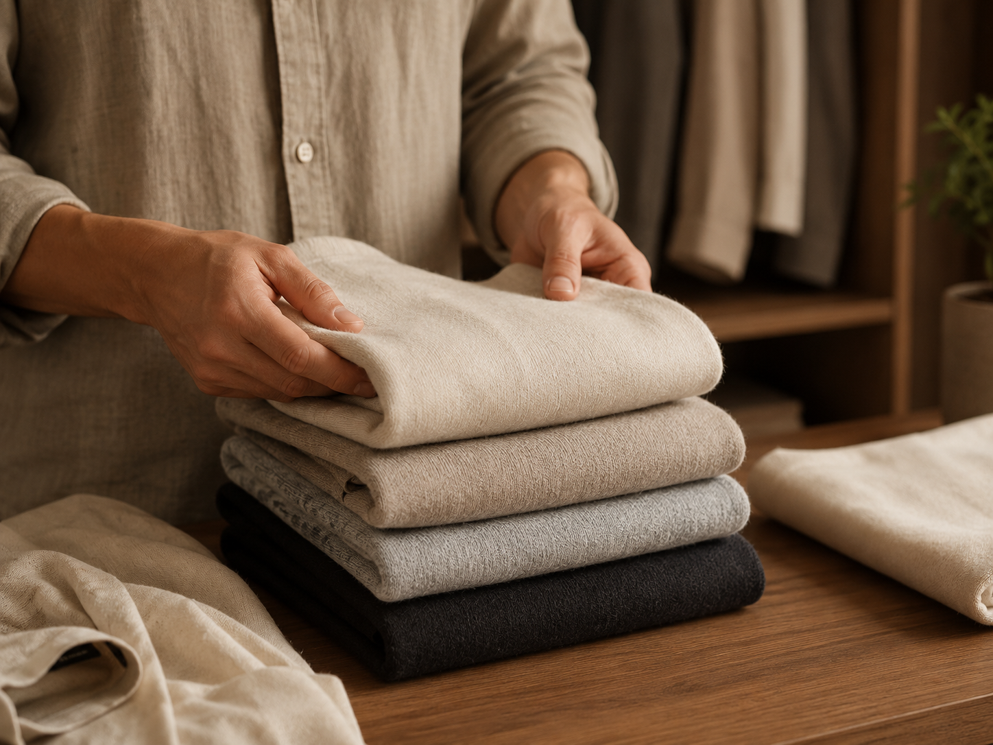 Slow Fashion - close up of someone gently folding premium natural fabrics