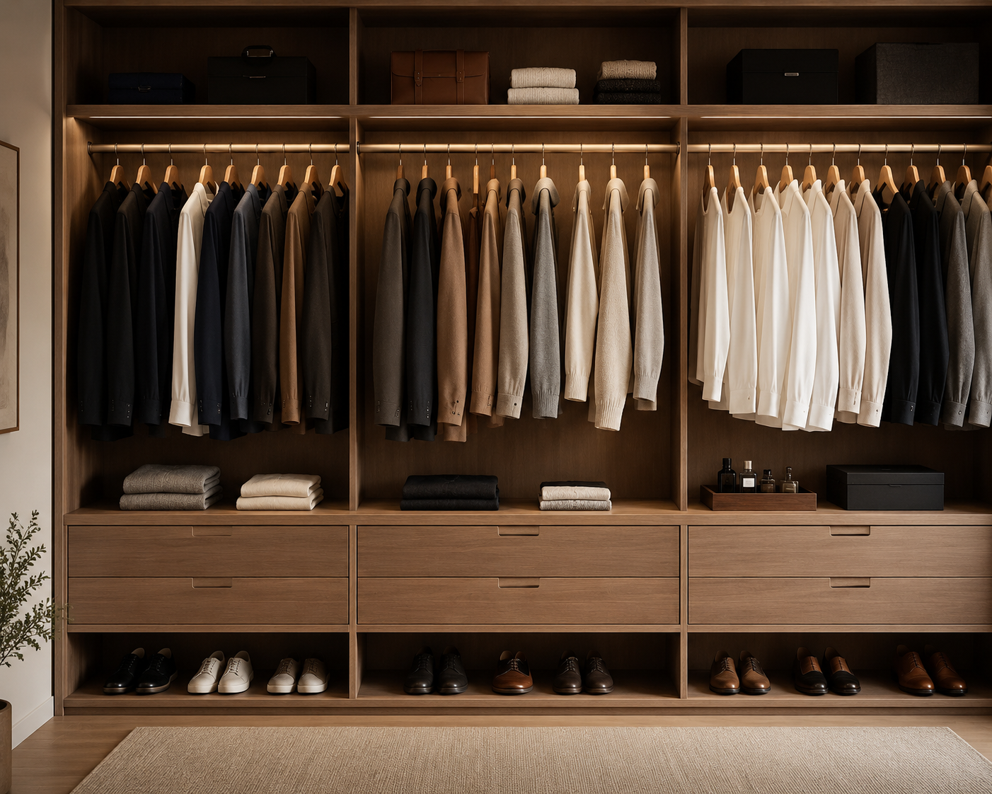 Slow Fashion - a beautifully organized wardrobe featuring premium minimalist clothing on wooden hangers