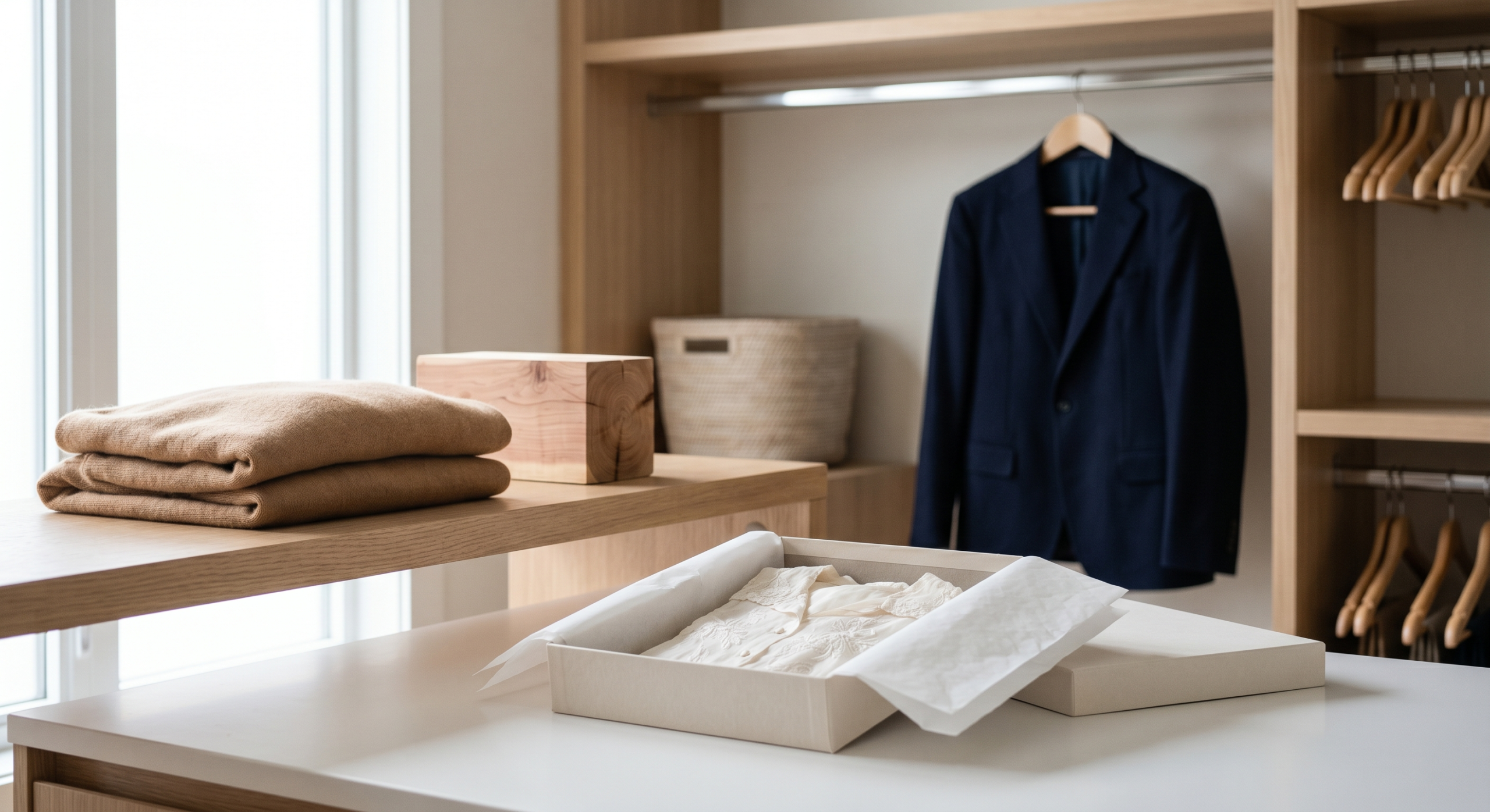 A meticulously organized minimalist wardrobe showcasing slow fashion principles, featuring premium cashmere folded next to cedar blocks and vintage garments preserved in acid-free tissue paper.