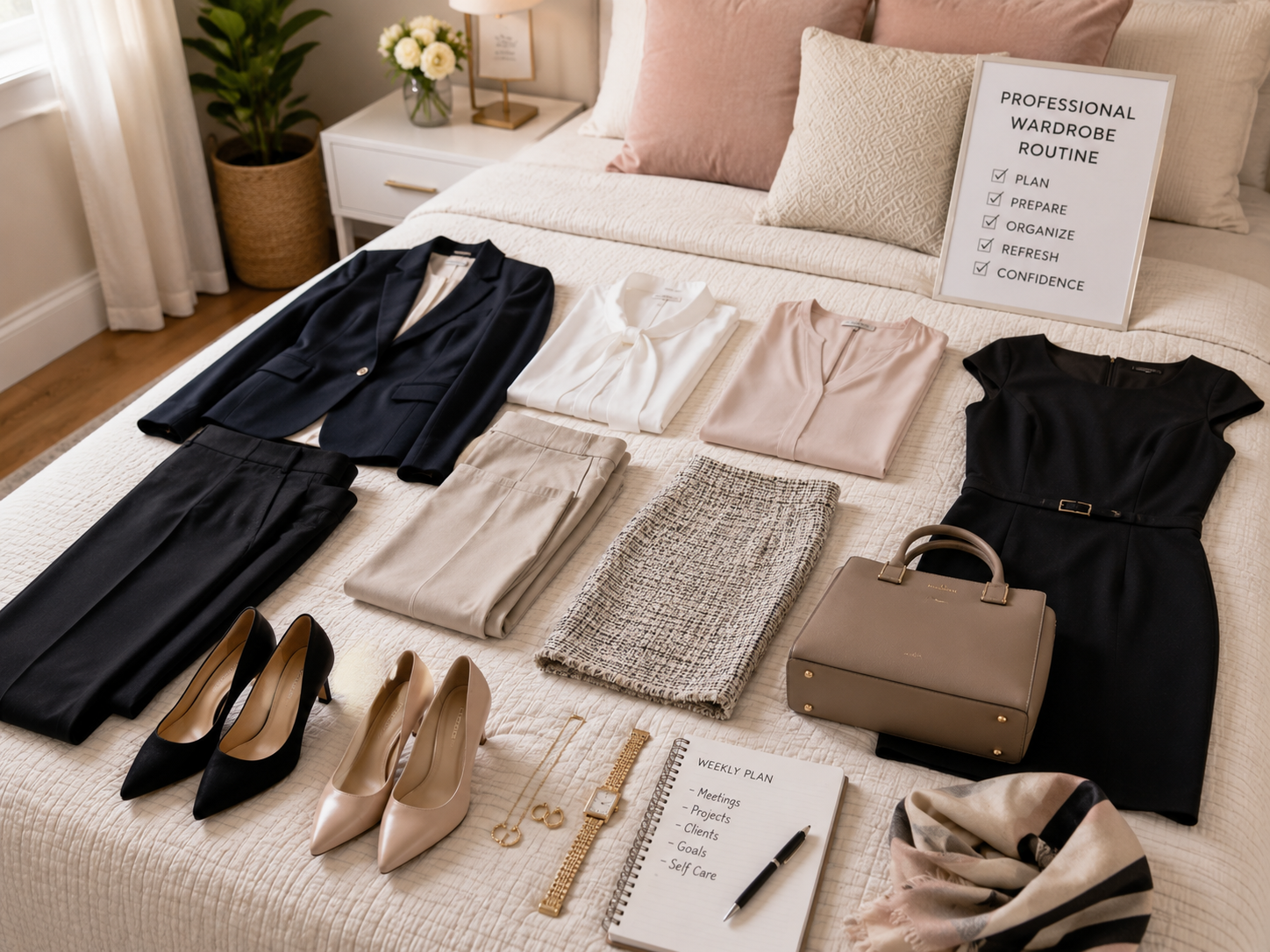 Weekly closet maintenance - professional wardrobe routine clothing laid out on bed