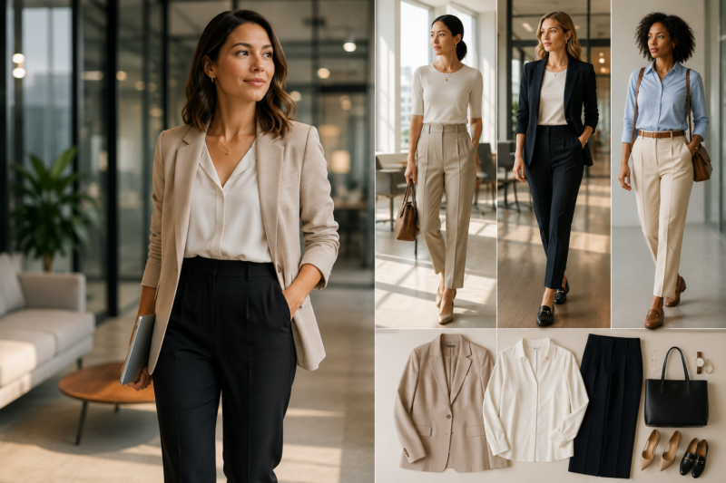 Modern business casual outfits for women in 2026 featuring tailored blazers, trousers, and professional office wear