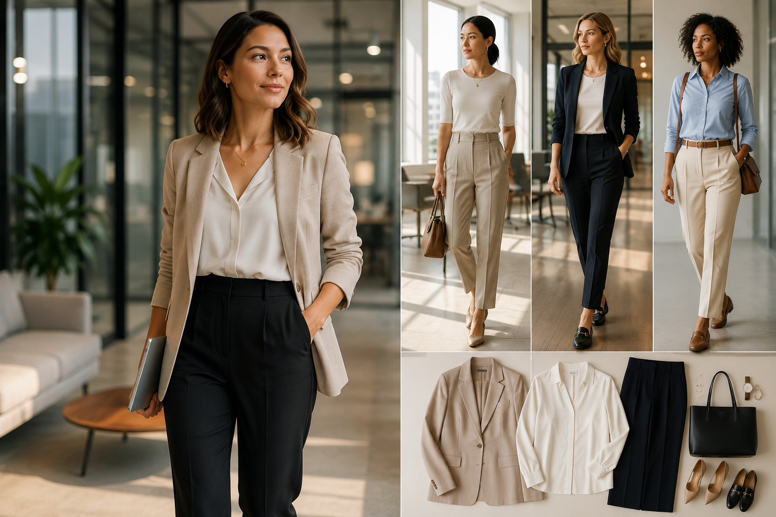 Modern business casual outfits for women in 2026 featuring tailored blazers, trousers, and professional office wear