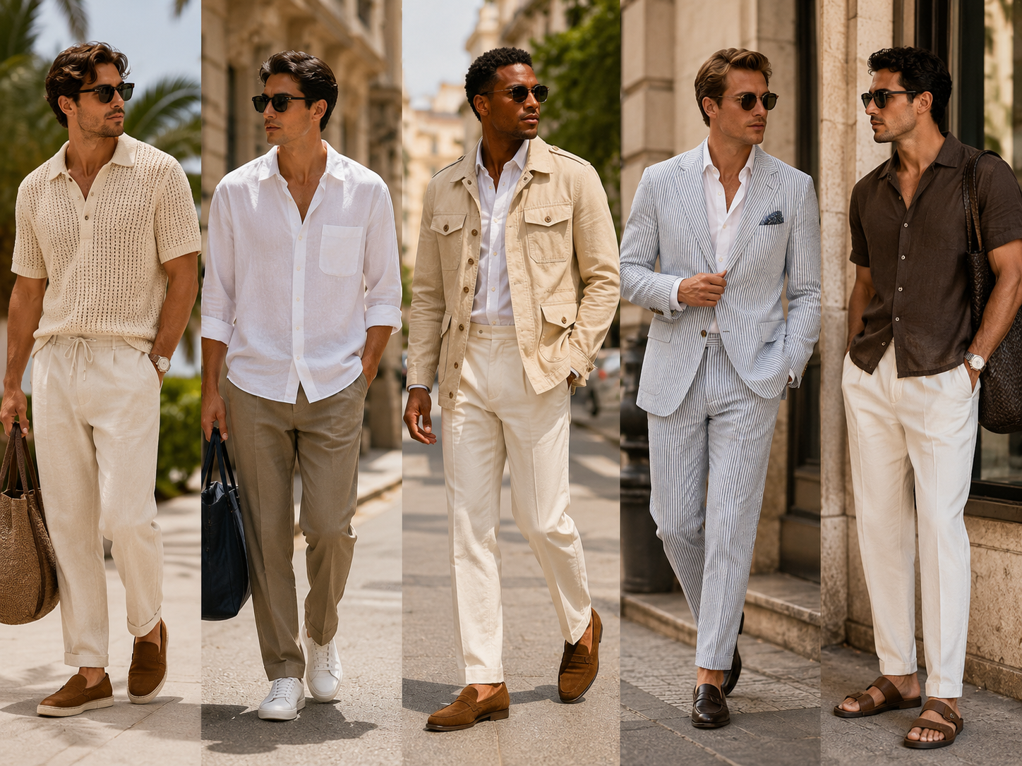Collage of stylish men wearing relaxed summer tailoring, linen shirts, crochet knits, safari jackets, and lightweight suits in urban settings, showcasing modern Vacation Energy Outfits.