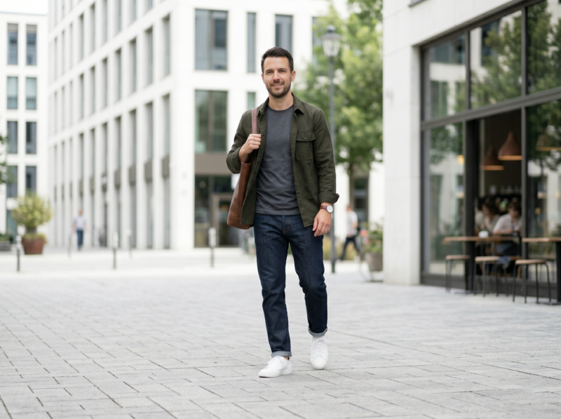 A confident man walking down a bright city street modeling elevated casual outfits, featuring a structured olive green overshirt layered over a dark charcoal t-shirt, dark wash raw denim jeans, and crisp white minimalist sneakers.