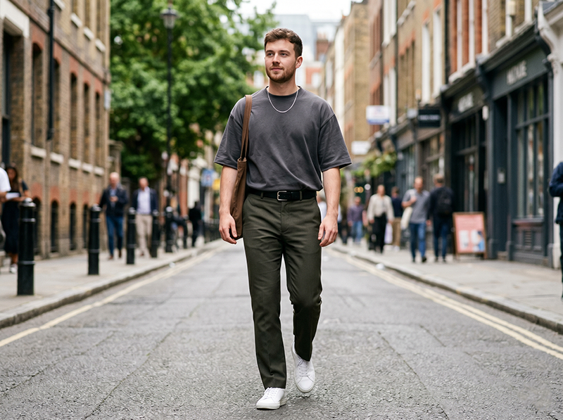 A confident man walking down a city street wearing a dark grey, boxy-fit top, demonstrating how to style oversized t-shirts with olive green tailored trousers, a subtle silver chain, and white minimal sneakers.