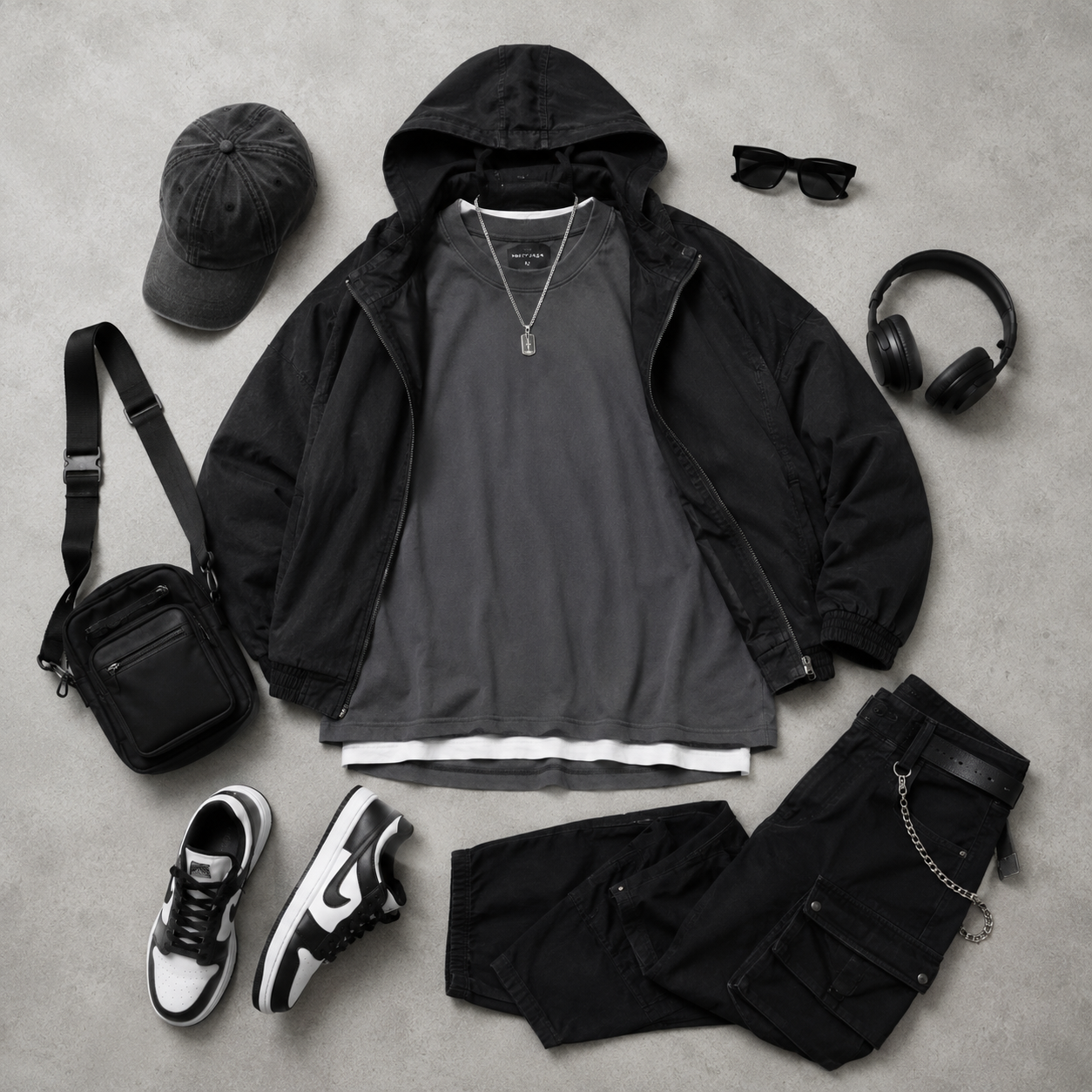 Streetwear oversized clothing layered with jackets and accessories