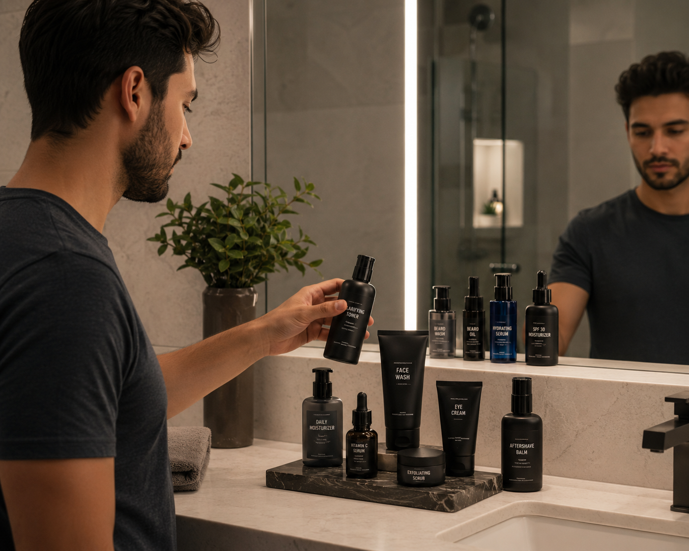 Grooming Products - Various grooming and skincare bottles elegantly arranged