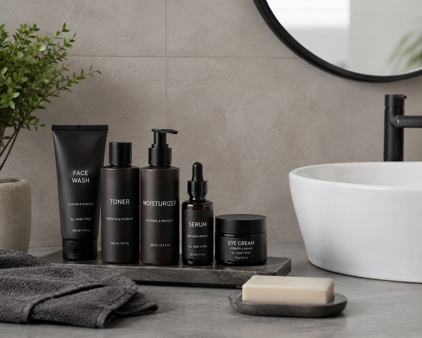 Grooming Products - A clean, minimalist men's bathroom setup with essential skincare bottles